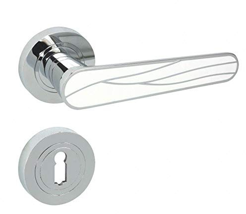 domino Türgriff Drückergarnitur BB-Buntbart Set Rund-Rosette Türklinke für Bürotür, Kellertür & Innentür Türbeschläge aus Znal Chrom/Weiß Türdrückergarnitur SNAP-R M6/WEIß