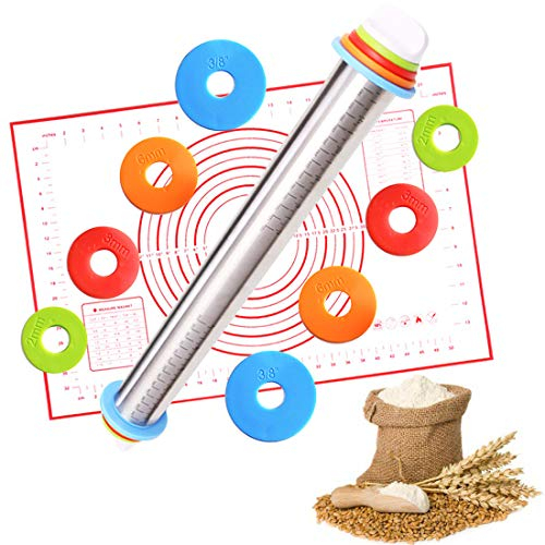 HEPAZ Mattarello in acciaio inox,con distanziatore,4 dischi regolabili e segnapagina,antiaderente,Tappetino per Cottura al Forno in Silicone per La Preparazione di Pane, Torte, Pasta,Pastry Dough