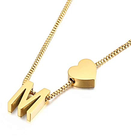 Qings Collar con colgante de corazón letra M chapado en oro Moda Amor Personalidad Combinación Alfabeto A-Z Regalo de cumpleaños para mujeres y niñas