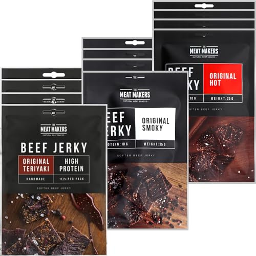 The Meat Makers - Original Smoky | Teriyaki | Hot Beef Jerky Snack Mix 300g (12x25g) - Mélange de collations au bœuf séché, Snack à la viande sèche de bœuf séché.