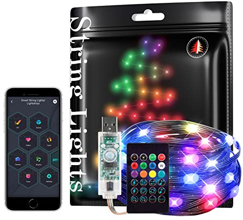 Intelligente Fee String Lichter RGB IC WS2812B IC 5m USB Bluetooth | Twinkle mit Timer und Remote Music Sync Lustige Modi Farbe Chasing Firefly Lichter für Weihnachten IP65 schwarzes Kabel