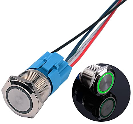 JIQI 22mm 12V bis 24V 5A Verriegelung Druckschalter Metall Rastend EIN/AUS Schalter mit LED Licht IP66 1NO1NC Selbsthemmende wasserdichte vorverdrahte Druckknopfschalter für Van KFZ DIY Motorrad(Grün)