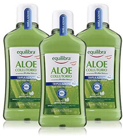 Equilibra Cuidado Bucal, Colutorio Triple Acción a Base de Aloe Vera, Colutorio Calmante Contra las Bacterias, Contrarresta las Caries, el Sarro y las Enfermedades de las Encías, 3 Piezas de 500 ml