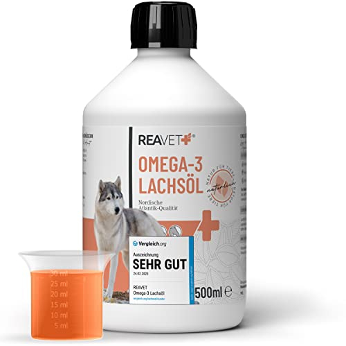 TESTURTEIL SEHR GUT 2025 ReaVET Lachsöl Hunde, Katze 500ml – Reich an Omega 3 & 6, Fischöl Hund hochdosiert I Echte Lebensmittelqualität ohne Zusätze I Frisch abgefüllt in Deutschland