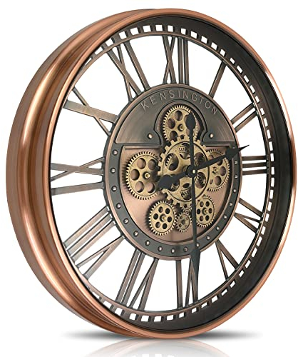 DORBOKER Wanduhr Groß mit Beweglichen Zahnrädern Moderne Industrial Steampunk XXL Vintage Retro Antike Metall Uhr für Küche Wohnzimmer Zuhause Bar Schule(53.5cm, Rotes Kupfer Romische Zahlen)
