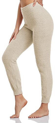 Famulily Fleece High Waisted Leggings for Women Cozy Warm Sweater Pants for Winter Beige S