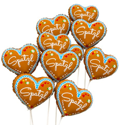 10 Stück Oktoberfest Luftballons SPATZL 24 cm – metallbedampfte Folienballons im Lebkuchenherz-Design für Ballonstab | Bayerische Deko, Wiesn, Volksfest, Bierfest, bayerische Feste (10 Stück / 24cm)