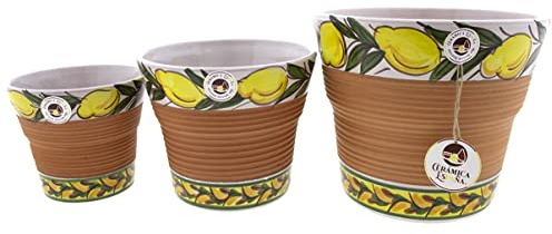CERÁMICA ESPAÑA | Macetas de Barro | Macetas Decorativas | Macetas Exterior | Conjunto x3 Decorado Limones - D08 | Decoración 100% Hecho a Mano | 25x25x21 cm + 20x20x17 cm + 16x16x14 cm