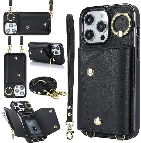 PRIVHOM Crossbody Case for iPhone 13 Pro Max Cover, Leather Crossbody Wallet Phone Case with Adjustable Removable Lanyard Strap,Cord Lanyard Shockproof Protective Case Black