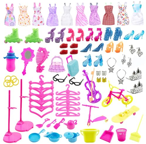 RYAN 88 Barbie Kleidung und Zubehör Möbel Set 10 Kurze Kleider 11 Schuhe 67 Zubehör Inklusive Kleiderbügel und Schmuckzubehör