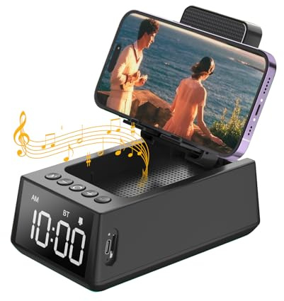 Deeyaple Geschenke für Frauen/Männer 3-in-1 Kabelloser Bluetooth Lautsprecher mit Wecker Digital Handy Ständer Tragbare TF-Kartenleser Mikrofon für Küche Schlafzimmer Büro Telefone Tablet (Schwarz)