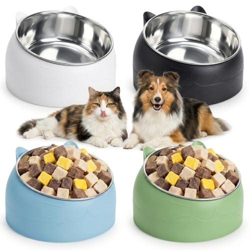 Mezchi 4 Stück Erhöhte Katzennäpfe aus Edelstahl, 400ML 15°Geneigte Plattform, mit rutschfestem Gummi, 4 Farben