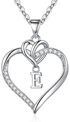 TINGN Halskette Damen Kette mit Buchstaben, 14K Weißgold Vergoldet CZ Herz Anhänger Halskette Mädchen Silber Buchstaben E Kette Schmuck Damen Beste Mama Geschenk, Weihnachtsgeschenke für Frauen Mama