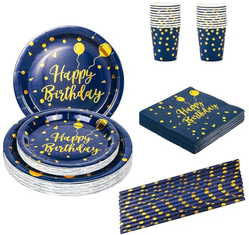 EVYIENEN 125 Stück Blau und Gold Partygeschirr Party Set，Happy Birthday Partygeschirr Set，25 Gäste Pappbecher Pappteller Servietten Trinkhalme Papier für Party Geburtstag