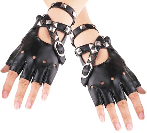 Chyuxinda Punk Nieten Handschuhe PU Leder Fingerlose Gotik Handschuhe für Erwachsene Hip Hop Halloween Cosplay Karneval Kostüm