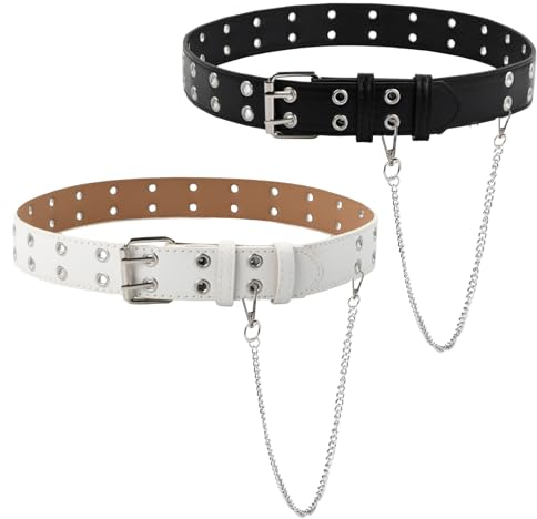 Wisebom Punk Gürtel aus PU-Leder Doppelte Öse Kindergürtel mit Abnehmbarer Kette Doppelloch Nietengürtel Hip Hop Gürtel Punk Nietengürtel Modegürtel für Jungen Mädchen