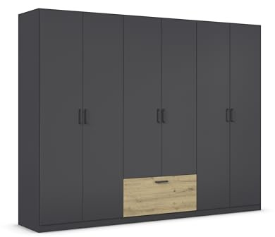 Rauch Möbel BARI, Schrank, Farbe Grau metallic/Eiche Artisan, Breite 271 cm | Kleiderschrank, 6-türig, 1 Schublade, für Schlafzimmer, Kinderzimmer, Babyzimmer, Homeoffice, Garderobe, Flur