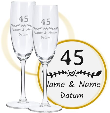 LALALO Sektglas mit Gravur 45. Hochzeitstag (2 St.), Messinghochzeit Sektgläser Geschenk personalisiert/graviert, Jahrestag (Blütenträume)