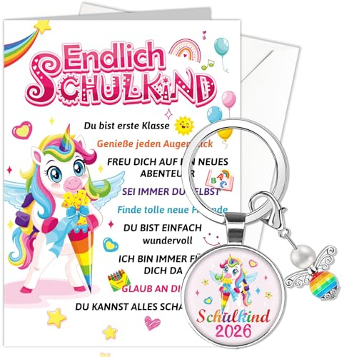 HOWAF Einhorn Glückwunschkarte Einschulung Karte mit Umschlag, Karte Schulanfang Schulkind 2026 Schutzengel Schlüsselanhänger Glücksbringer Schulanfang Geschenk zur Einschulung Mädchen