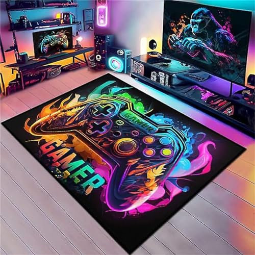 Xisnuient Game Teppiche, Bunte Graffiti Moderne Dekorative Teppich, Game Teenager Kinder Controller Unterhaltung Fußmatte, Blau Und Lila Cool Rug Für Schlafzimmer E-Sport Zimmer (Colour 3,80x160cm)