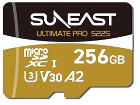 SUNEAST Scheda di memoria MicroSDXC UHS-I da 256 GB, V30 A2 U3 Classe 10 DDR 225 TF, velocità di lettura 208 MB/s per action camera 4K UHD, drone, dashcam, telecamera di sicurezza, smartphone e tablet