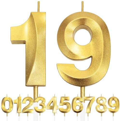 19th Birthday Candle, 3D Design Gold Glitter Number Candles, Cake Topper Decorations, Cake Candle for Birthday Party, Wedding Anniversary, Baby Shower, Party Decoration