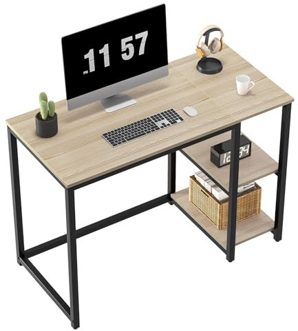 WOHOMO Bureau d'ordinateur 100 cm avec 2 étagères, Grand Espace de Rangement,Table Moderne pour étude, Ordinateur Portable,Beige
