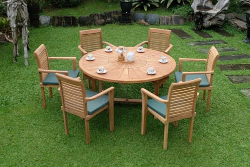 Emporium Furniture Garden Outdoor Wooden Furniture Sets for 6 | Teakwood Round 150cm Table (4cm Thick top) with Parasol hole & Cushions (7, Sunburst Round Table with Belgrave Stacking Chair)
