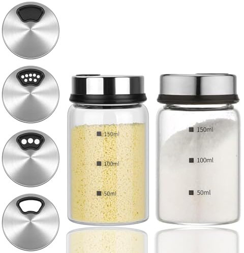 Aieraczy 2 Pack Salt Pepper Shaker, 150ml Salt Shaker with Adjustable Pour Holes, Spice Shaker, Glass Spice Jar with Shaker lids, Salt Cellar Salt Container Salt Dispenser for Seasoning Kitchen