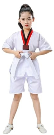 HEUchuan Ensemble de Costume de Taekwondo en Polyester, Uniformes d'entraînement de Taekwondo en Coton, Costume de karaté Blanc Unisexe pour Filles et garçons(150cm)