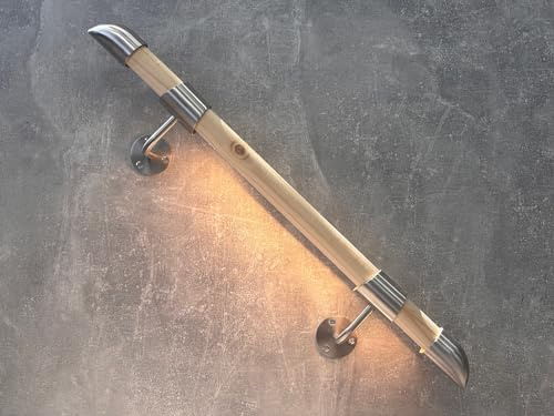 LED Handrail Kit 3.6m Lighting Mopstick Rail Banister Brushed Chrome End Caps Brackets with PIR Sensor (Pine Mopstick, Warm White - 3000K)