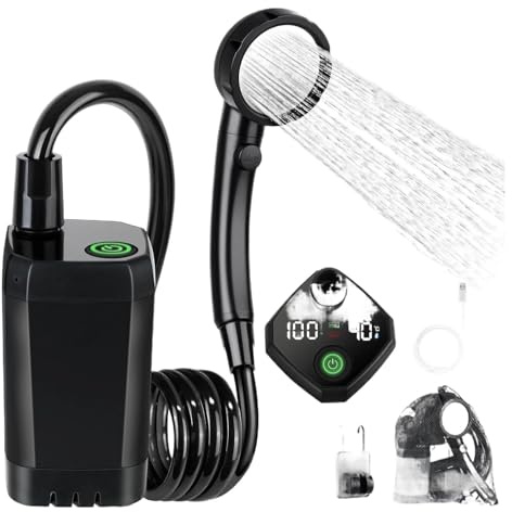 Outdoor Waterproof Camping Shower Set with Digital Screen & Rechargeable Electric Pump Intelligent LED Display, IPX8 Waterproof Pump for RV, Travel, Hiking, Pet Bath, Beach