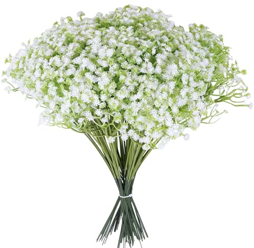 Zhjiutak 100Pcs Artificial Flowers, Babys Breath Gypsophila Real Touch Realistic Flowers Shrubs Plants for Arrangements Wedding Party Home Garden Decoration Indoor Vase(white)