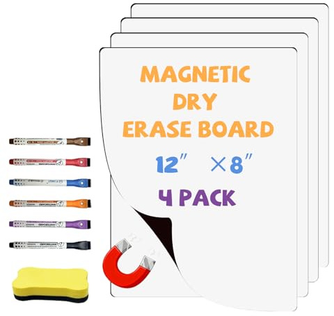 Magnetic Whiteboard for Fridge White Board 12X8 4 Pack Magnetic Dry Erase Board with 6 Markers & 1 Eraser Home Kitchen Blank Notepad Small Whiteboard for Organizer and Planner
