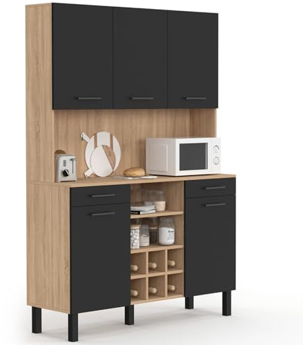 IDMarket - Buffet de Cuisine 120 CM CINA 5 Portes + tiroirs + Range-Bouteilles façon hêtre et Noir