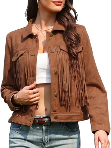 Allegra K Chaqueta Gamuza Sintética Mujer Western Vintage Flecos Manga Larga