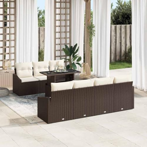QZZCED Set di divani da giardino con cuscini, struttura in polyrattan resistente alle intemperie e ai raggi UV, 4 poltrone con braccioli, 3 posti centrali, tavolo in vetro trasparente,