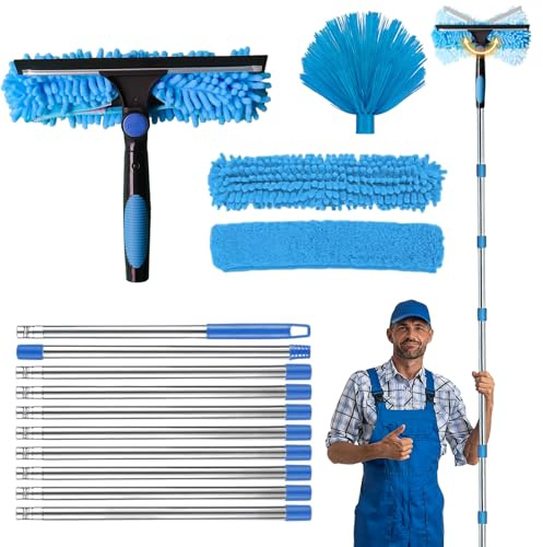4.5M Window Squeegee Cleaner Tool Kit with Long Handle, 3-in-1 Extendable | Cleaning Equipment with Microfiber Cloth Squeegee Strips & Spider Web Brush for Indoor/Outdoor High Window,Car,Ceilings