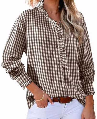 Blusa Informal de Manga Larga con Volantes y Cuello en V para Mujer, con Estampado de Cuadros Vichy, con Bloques de Color (Brown,XL)