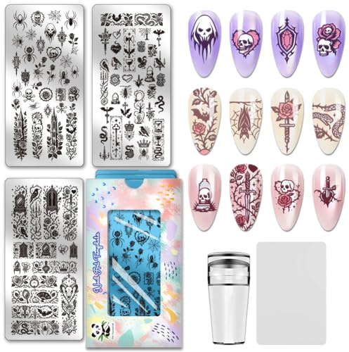 PH PandaHall 3 pezzi di piastre per stampaggio unghie in stile scuro, modelli per nail art gotici con ragno, teschio, serpente, fiore in stile spaventoso, piastre in acciaio inossidabile per stencil