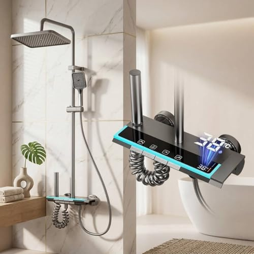 Julymoda Duschsystem mit Regendusche, 4 Funktionen Duscharmatur Set mit Klaviertasten Steuerung, Duschsäule Komplettset inkl. Handbrause Kopfbrause, Höhenverstellbar 70-103cm, Badezimmer Duschset