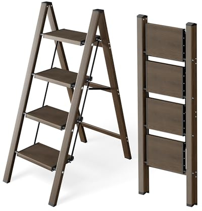 Attestierer Scala Pieghevole A 4 Gradini, Sgabello Scala In Alluminio | Capacità Di Carico 150 Kg, Scala Con Piedi Antiscivolo & Gradini Largi, Uso Interno & Esterno,Effetto Legno, Marrone Scuro