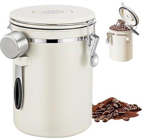 Kaffeedose Luftdicht, 2,8 L Kaffeebohnen Behälter aus Edelstahl Kaffeedose Luftdicht 1kg Bohnen Vakuum Kaffee Dose, Kaffeebehälter mit CO2-Ventil, Messlöffel, Datumsanzeige für Tee Nüsse Zucker (Weiß)