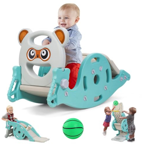 Cheval à Bascule Toboggan 4 en 1 pour Enfant, Aire de Jeux intérieure avec Panier de Basket, Jouet en Plastique sécurisé pour garçons et Filles de 1 à 6 Ans, Usage intérieur et extérieur Vert