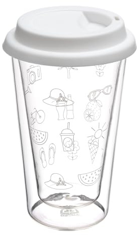 GRÄWE Thermoglas, Thermobecher, Trinkglas aus Borosilikat-Glas, Doppelwandiger Becher, 300 ml, spülmaschinengeeignet, für Heiß und Kalt, mit To-Go-Deckel, Weiß