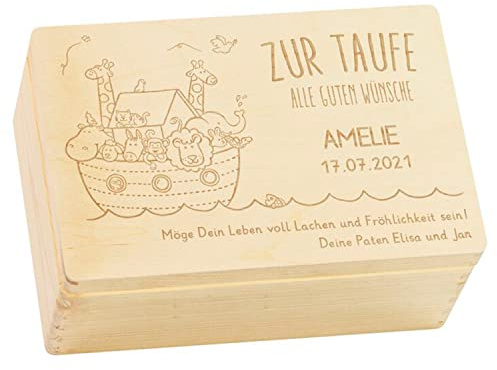 LAUBLUST Erinnerungsbox Taufe - Arche Noah - Personalisiertes Taufgeschenk - Holzkiste ca. 30 x 20 x 14 cm, Natur, FSC®