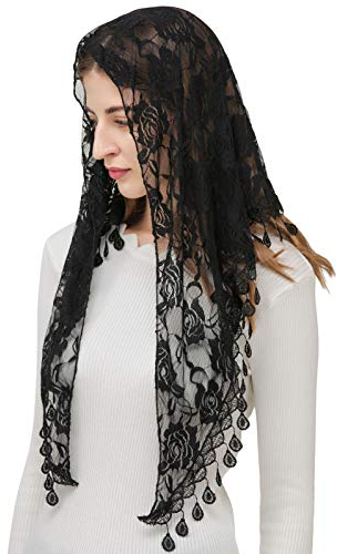 PAMOR Mass slöja triangel mantilla katedral huvud täckande kapell slöja spets sjal latinsk halsduk, Svart, 54inches
