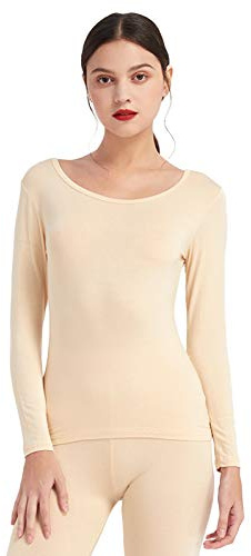 Mcilia Damen Ultradünnes Thermo-Basisschicht Oberhemd aus Modal mit tiefem Rundhalsausschnitt Beige Medium (EU 40 42)