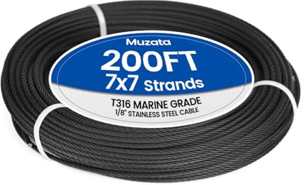Muzata 200 ft 1/8 Black Stainless Steel Cable Railing System Hardware T316 Stainless Steel Wire Rope 7x7 Strands 1800 lb Breaking Strength Black Cable Railing Kit for Indoor Outdoor WR19