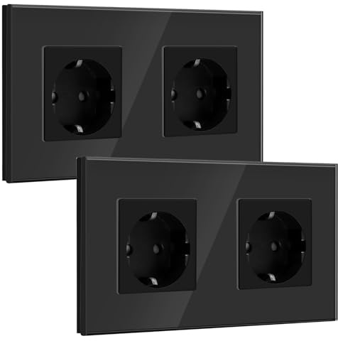 BSEED Schuko Steckdose, Kristall Glas Platte Steckdose Glas,16Amp Verlängerungssteckdosen Wandsteckdose 2 Fach Schwarz (2 Pack)